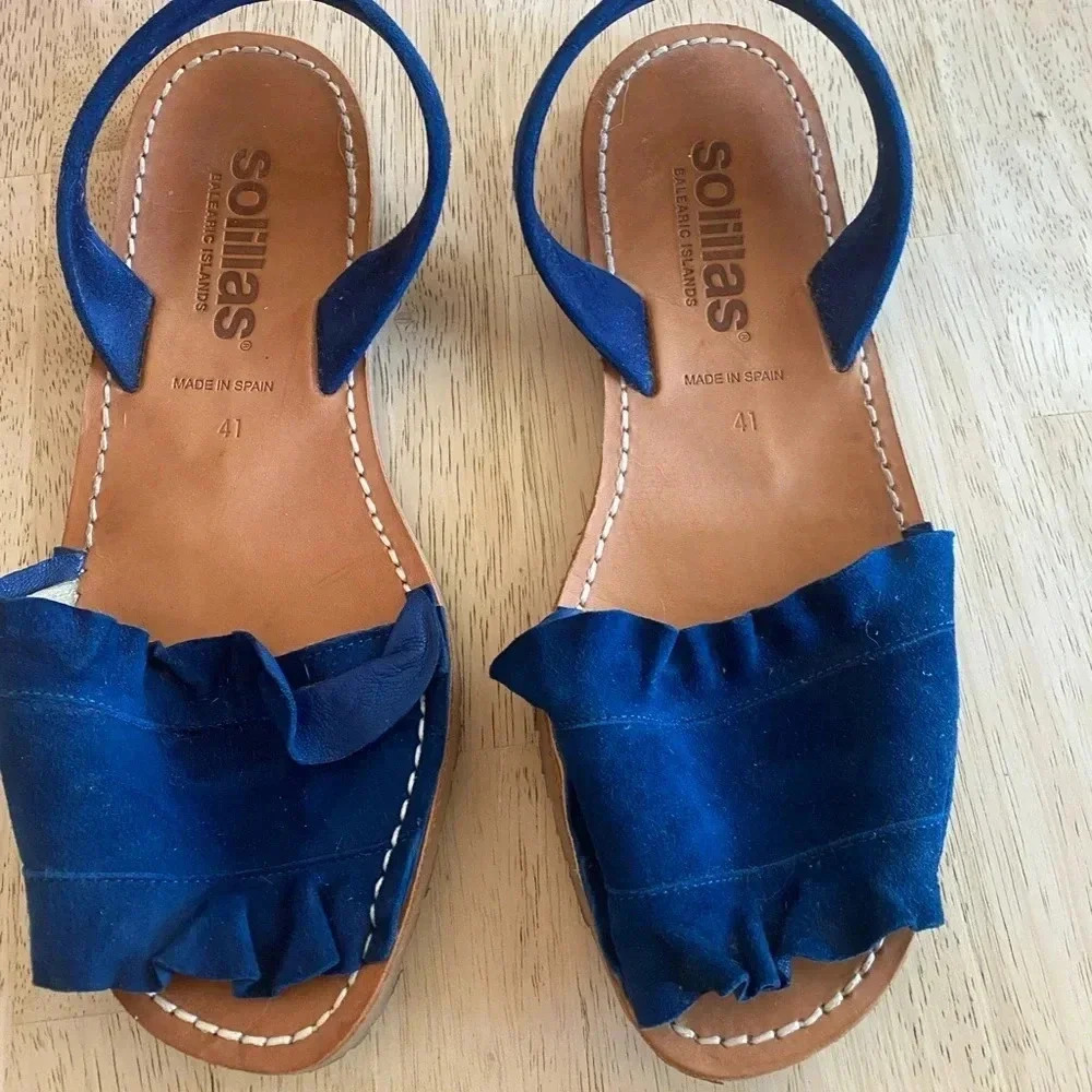 Solillas Frilled Flat Leather Sandal Indigo Blue Size 10 Made in Spain - Picture 2 of 8